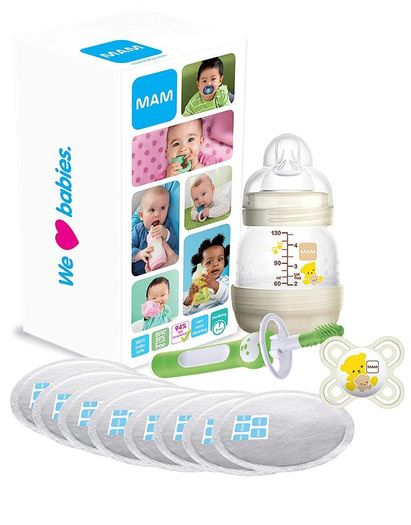 MAM Newborn Baby Bundle, Full of Newborn Baby Gifts & Hospital Bag Essentials, Including MAM Baby Bottle, Baby Soother, Teething Massaging Brush and Breast Pads