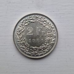 1961 Swiss Silver 2 Francs. Free Post.