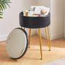 Faux Leather Round Footrest Stool with Storage Ottoman, Makeup Vanity Chair Side Table, PU Dressing Table Seat, Removable Cover, Golden Steel Legs, Black Image 2