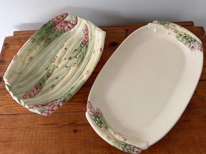 French Vintage Ceramic Majolica Asparagus Serving Set