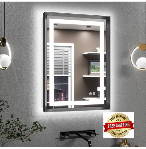 Black Bathroom Mirror with Led Lights 50x70cm, Antifog Wall Vanity Mirror Black Frame