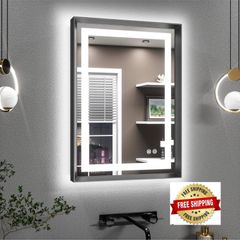 Black Bathroom Mirror with Led Lights 50x70cm, Antifog Wall Vanity Mirror Black Frame