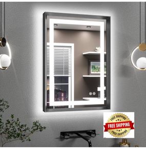 Black Bathroom Mirror with Led Lights 50x70cm, Antifog Wall Vanity Mirror Black Frame