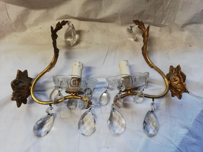 Vintage 1960 Wall Brass & Glass Drops Murano Lamps