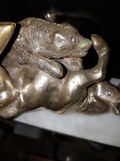 "Bull & Bear" Silvered Bronze Sculpture on Marble Base."Sert Foundry,Barcelona".