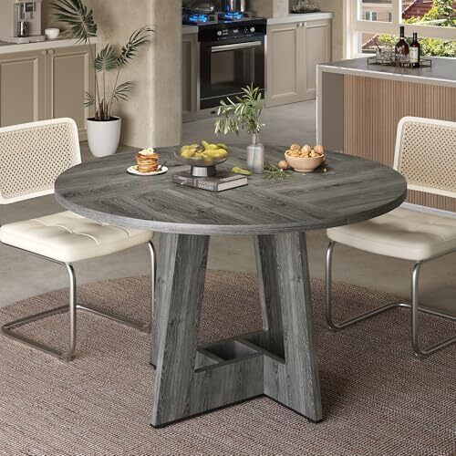 Round Dining Table for 4-6 People, Grey Kitchen Table, 120CM Farmhouse Dinning Tables, Wooden Stylish Dining Tables, No Shaking, for Kitchen and Living Room, Easy to Assemble (only table)