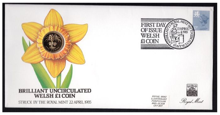 1985 Wales Royal Mint First Day of Issue of UK1 Coin with Uncirculated UK1 coin cancel tied 17p definitive Machin Stamp PNC (Philatelic Numismatic Cover).
