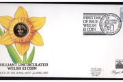 1985 Wales Royal Mint First Day of Issue of UK1 Coin with Uncirculated UK1 coin cancel tied 17p definitive Machin Stamp PNC (Philatelic Numismatic Cover).