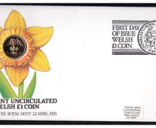 1985 Wales Royal Mint First Day of Issue of UK1 Coin with Uncirculated UK1 coin cancel tied 17p definitive Machin Stamp PNC (Philatelic Numismatic Cover).