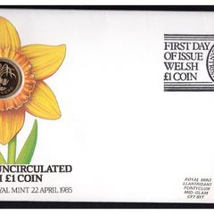 1985 Wales Royal Mint First Day of Issue of UK1 Coin with Uncirculated UK1 coin cancel tied 17p definitive Machin Stamp PNC (Philatelic Numismatic Cover).