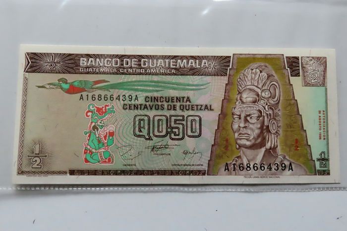 Guatemala Banknote + Coins + Stamp collector set vintage currency