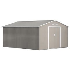 13 x 11ft Large Lockable Metal Storage Shed with Sliding Doors, Outdoor, Warm Grey