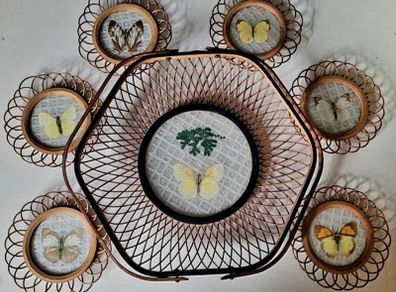 Vintage japanese rattan pressed butterfly coasters & basket