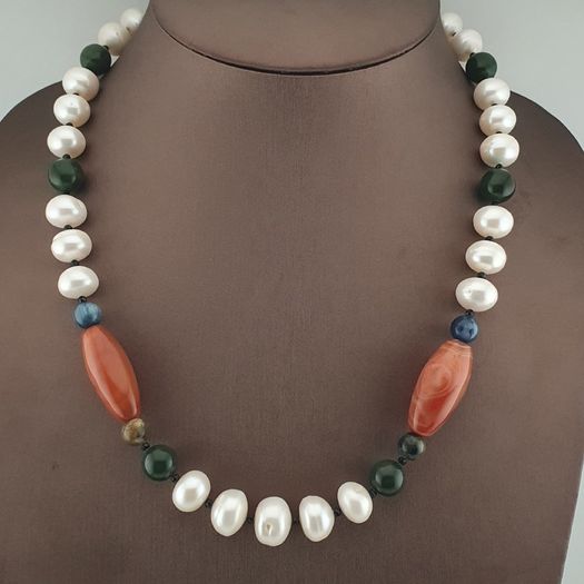 Authentic Freshwater Pearl Necklace with African Carnelian & Jade Beads