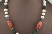 Authentic Freshwater Pearl Necklace with African Carnelian &amp; Jade Beads