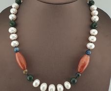 Authentic Freshwater Pearl Necklace with African Carnelian & Jade Beads