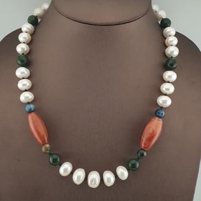Authentic Freshwater Pearl Necklace with African Carnelian & Jade Beads