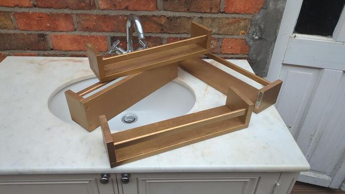 Set of 4 Gold Painted Wall-Mounted Wooden Shelves - Kitchen, Bathroom, Herb & Spice Rack