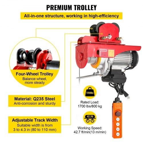800Kg/1700Lbs Electric Trolley Hoist 1300W Electric Hoist Winch Double 12M/40Ft