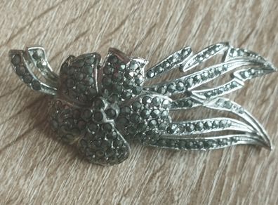 Vintage Silver Tone Metal Floral Marcasite Brooch