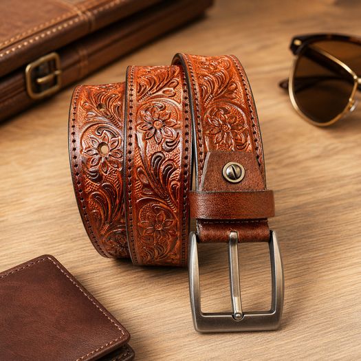 Premium Genuine Leather Belt Dual Tone Vintage Embossed Design with Antique Metal Buckle