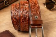 Premium Genuine Leather Belt Dual Tone Vintage Embossed Design with Antique Metal Buckle
