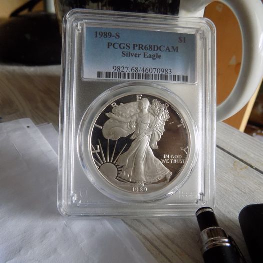 US 1989 S Proof Silver Eagle Dollar.90%Silver.Slabbed.Gem BU.Graded PR68DCAM.