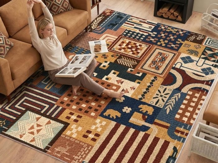 Washable Living Room Rugs 160x230cm Animal Boho Patchwork Rug  Non-Slip & Low Pile Indoor Carpet for Bedroom , Dining Room, Office Decor