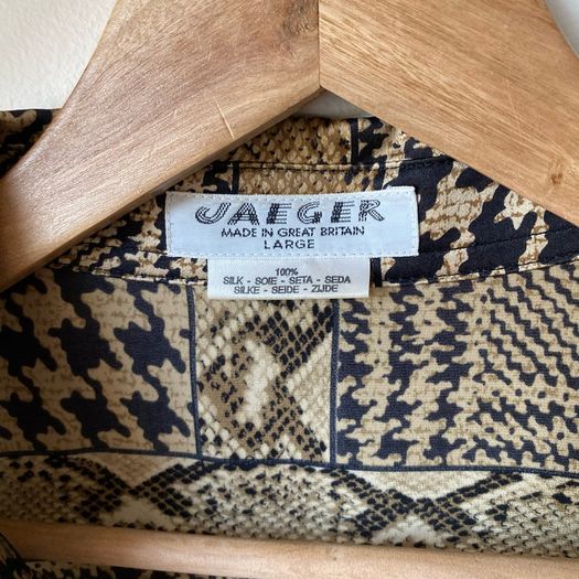 Vintage JAEGER 100% Silk Patchwork Blouse Houndstooth & Snakeskin Print L