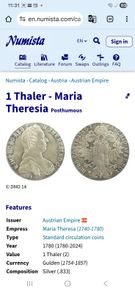 Coin 1 Thaler Austrain Empire 1780 - Replica