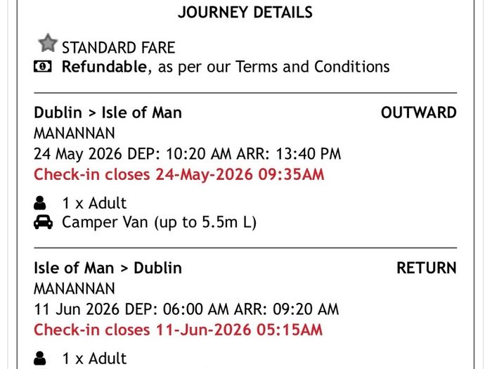 Iom ferry ticket TT '26 Camper