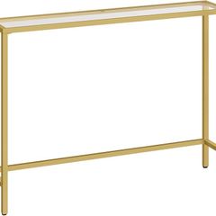 Gold Console Table for Hallway Slim, 100 cm Tempered Glass Sofa Table, Slim Hallway Table, Glass Console Table, Modern Display Table for Living Room, Entryway, Metal Frame