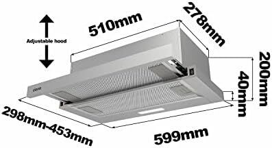 Telescopic Cooker Hood 60cm 370m/h Built-in Extractor Hood 600mm with LED Light 2 Speeds Integrated Kitchen Extractor Fan