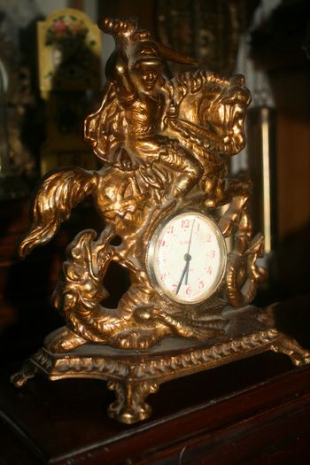 Vintage Brass Table Clock Knight on Horseback and Dragon, Saint George and Dragon, Mechanical  Clock SLAVA 11 JEWELS,  Working