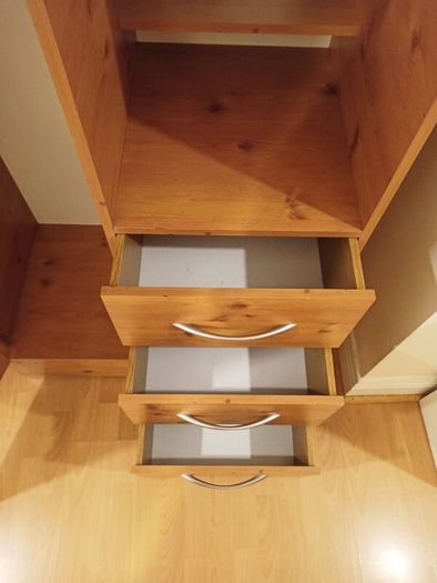 Pine finish Combination wardrobe with hanging  space, closed & open shelving, mirror, 3 lower drawers