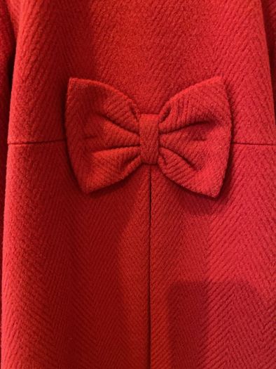 Red winter coat with gold buttons and bow 7-8 years