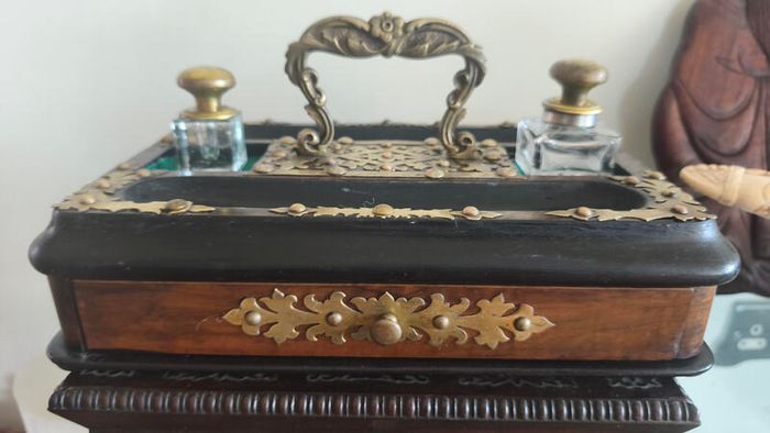 Antique Walnut,Ebony and Pierced Brass Double Inkwell Desk Set.