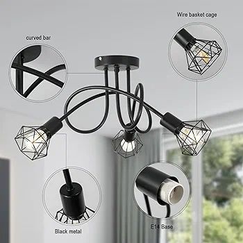 Industrial 3 Way Ceiling Light Chandelier Semi-Flush Mount E14 Base Black Metal Caged 3 Lights Ceiling Light Fixture for Bedroom Living Dining Room Hallway(Bulbs not Include)