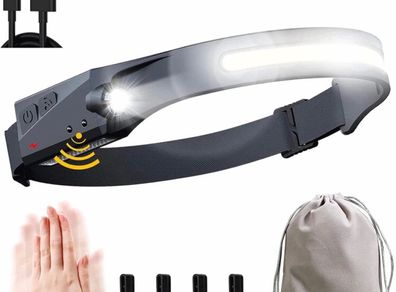LED Head Torch Rechargeable, LED Headlamp Running Head Torch Headlight with Motion Sensor Water-Resistant Lightweight Head Flashlight for Running, Camping, Fishing, Cycling, Hiking