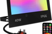 LED Floodlight Outdoor 40W 4000LM, Flood Lights Colour Changing, 120 RGB Colours- Warm White-Timing-Remote Control - 5 Modes, IP66 Waterproof, UK 3-Plug