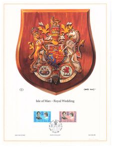 1981 Isle of Man Limited Edition Lithographed Print measuring 333mm X 257mm showing Royal Wedding of Prince Charles and Lady Diana Spencer Commemorative Stamp with First Day of Issue Cancel