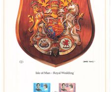 1981 Isle of Man Limited Edition Lithographed Print measuring 333mm X 257mm showing Royal Wedding of Prince Charles and Lady Diana Spencer Commemorative Stamp with First Day of Issue Cancel