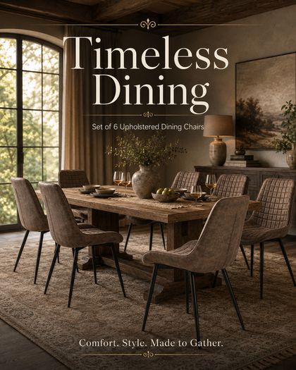 Set of 6 Brown Quilted Upholstered Dining Chairs with Black Steel Legs
