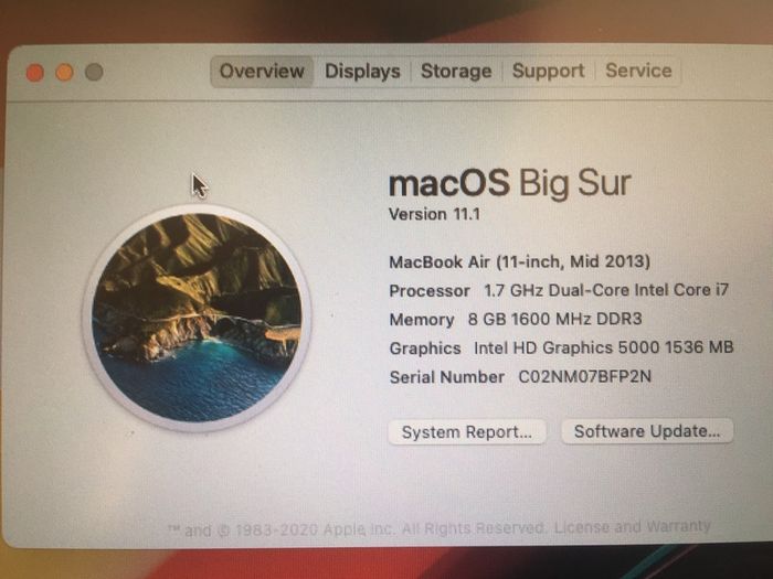 Apple MacBook Air 11" 1.7GHz i7 8Gb RAM 128Gb SSD, Big Sur OS in original box
