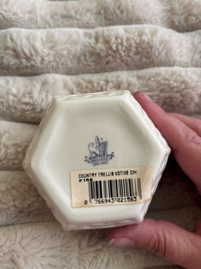 Vintage Belleek Country Trellis Lily Votive Candle Holder / Ring Dish - 9th Blue Mark 1997-99