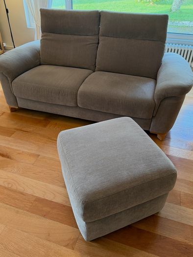 Two-seater sofa and foot stool taupe velvet