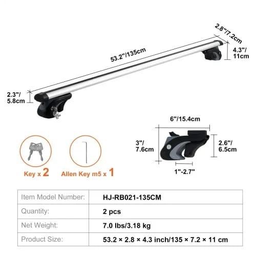 Roof Rack Crossbar 135.1 cm Length for Vehicle w/ Raised Side Rail
