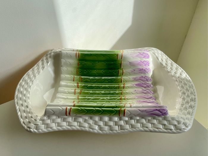 Vintage French Majolica Asparagus Dish Barbotine Serving Platter Green White