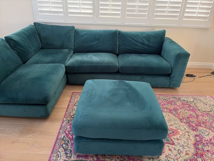 Teal Blue L shaped couch and footstool