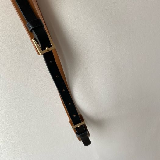 Ted Baker Skinny Leather Belt Tan & Black with Gold Hardware